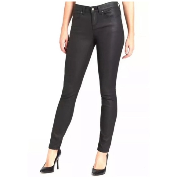 Eileen Fisher Faux Leather Black Coated Waxes Pants Jeans Sz 8 Organic Cotton - Picture 1 of 9